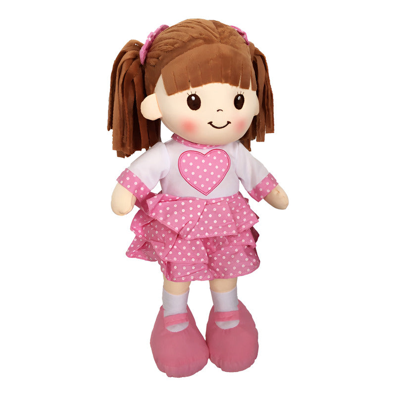 Muñeca De Trapo Y Tela Lorena Color Rosa Vestido Con Corazón