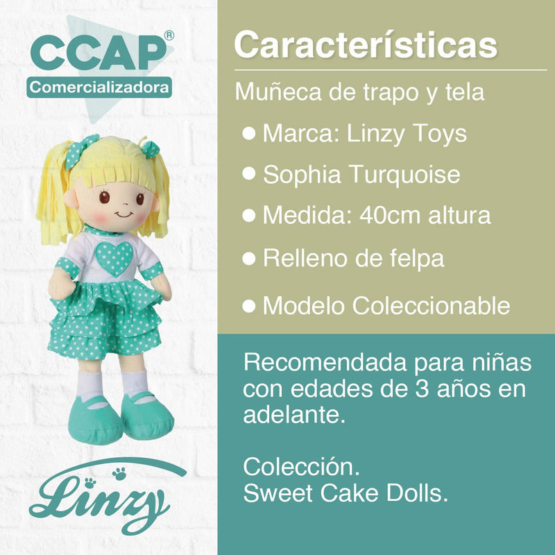 Muñeca De Trapo Y Tela / Sophia Turquoise / Linzytoys